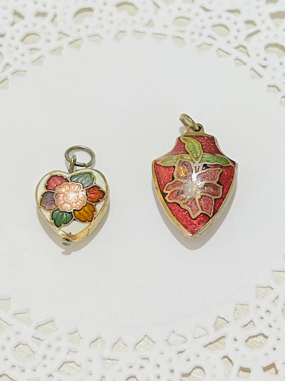 Two Dainty Vintage Cloisonné Brass Tone Floral Enameled Puffy Pendants